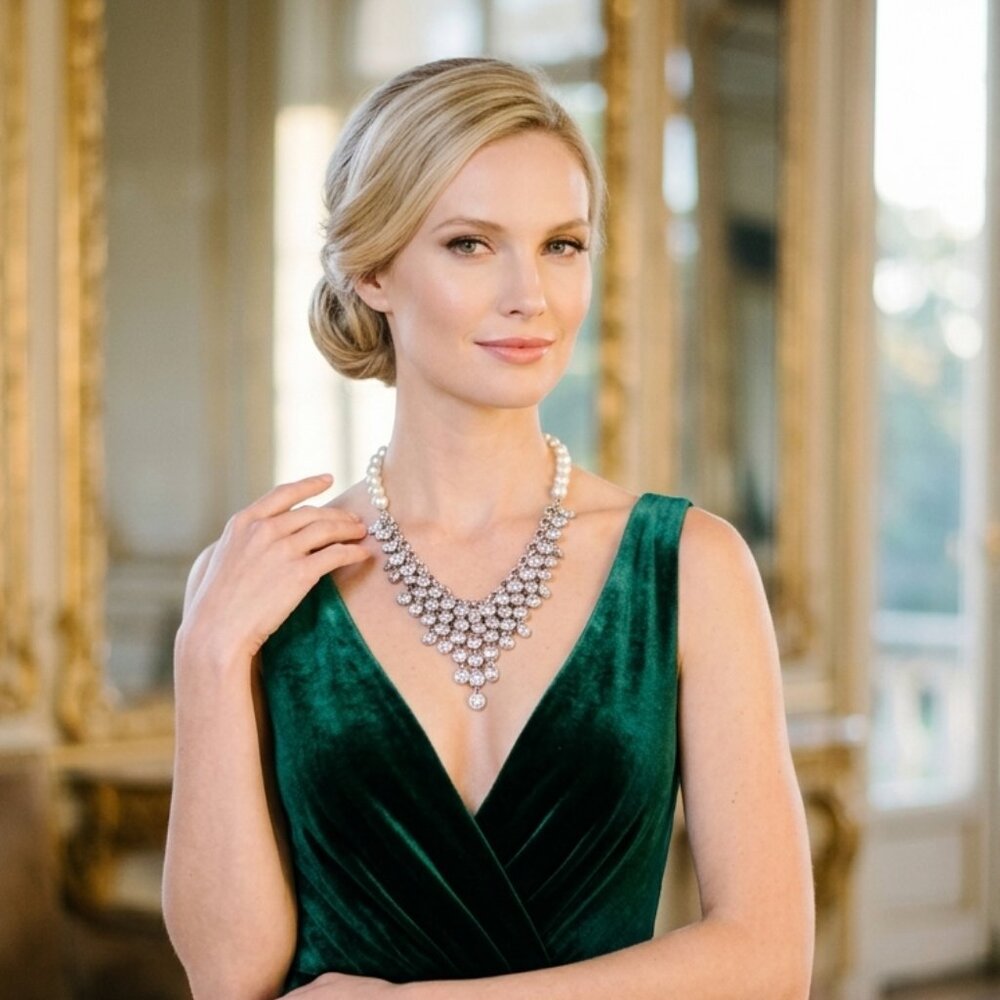 ALI KHAN shimmering silver chevron statement necklace in glass pearls & crystals